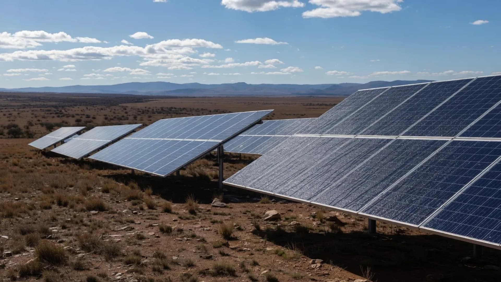 Rows of ground-mounted solar panels on a large commercial solar farm under a clear sky