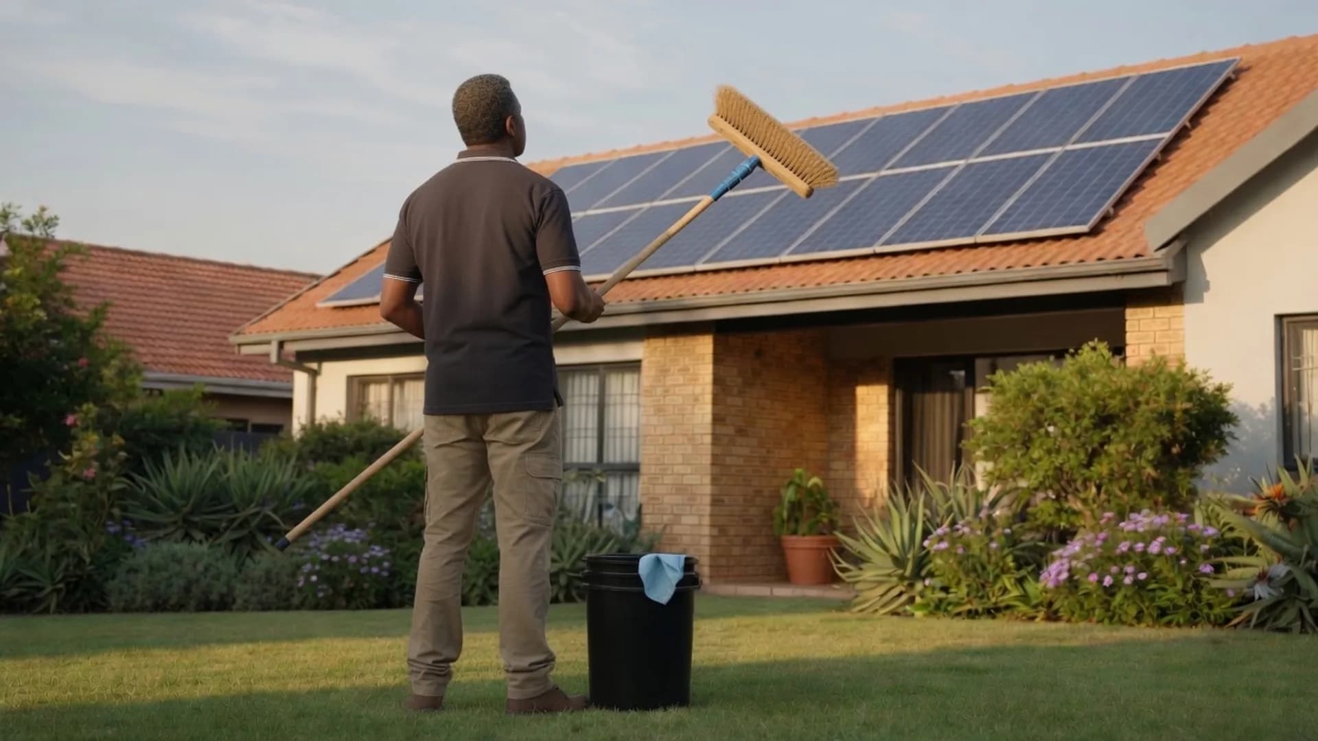 Homeowner safely cleaning ground-mounted solar panels with soft tools